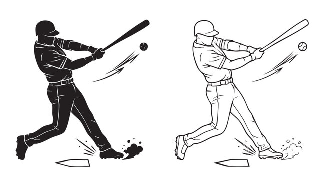 baseball player hitting ball black silhouette with line art black silhouette with line art vector icon