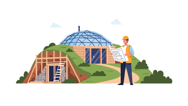 Architect building modern sustainable underground earth-sheltered home with glass dome roof