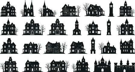 Fototapeta premium Haunted House Silhouette Vector Bundle with Gothic Buildings, Castles and Church Clipart Set