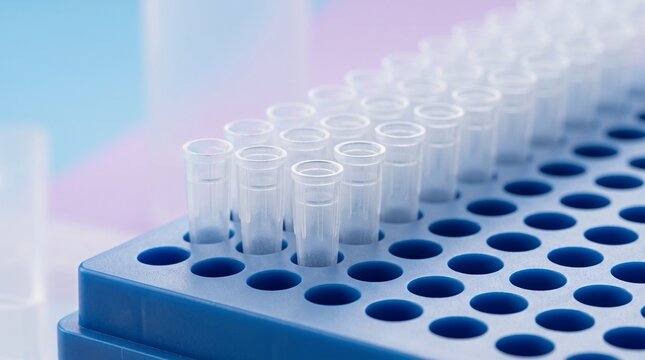 Close-up of Plastic Pipette Tips in a Blue Laboratory Rack for Scientific Research