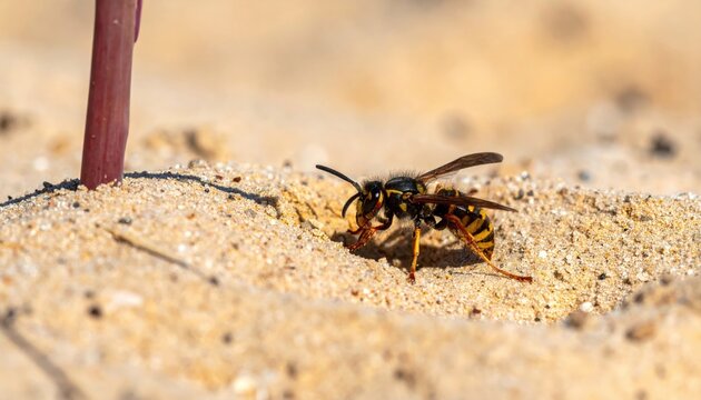 Digger wasp excavating a burrow in sandy soil