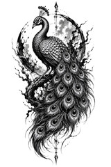 Fototapeta premium Peacock Tattoo Design | Blackwork Ornamental Bird Tattoo | Monochrome Ink Art
