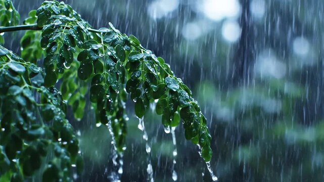 Fresh moringa leaves swaying in the garden during heavy rainfall