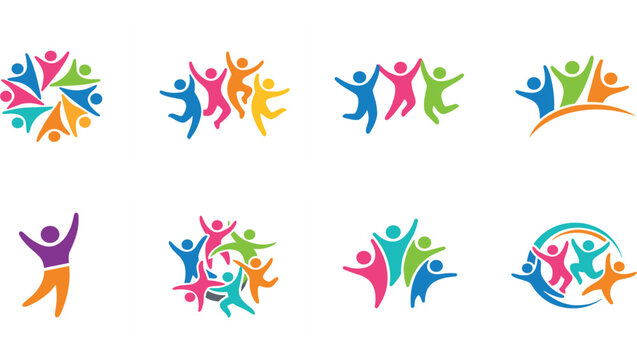 Colorful Abstract People Figure Icon Set representing Joyful Community Unity Success Teamwork and Freedom for Non Profit Charity Logo Designs