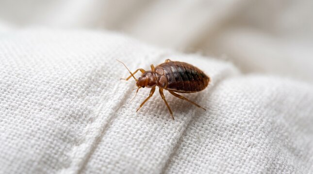 Macro Close-up of Bed Bug Crawling on White Linen Mattress Fabric