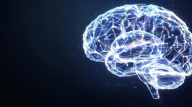 Neural network representation with glowing connections in a digital brain model