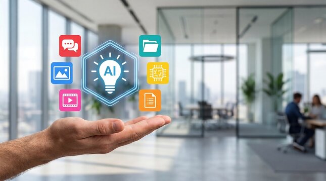 Hand holding artificial intelligence AI lightbulb icon surrounded by multimedia file symbols like chat video image and document, futuristic tech concept for machine learning aut...
