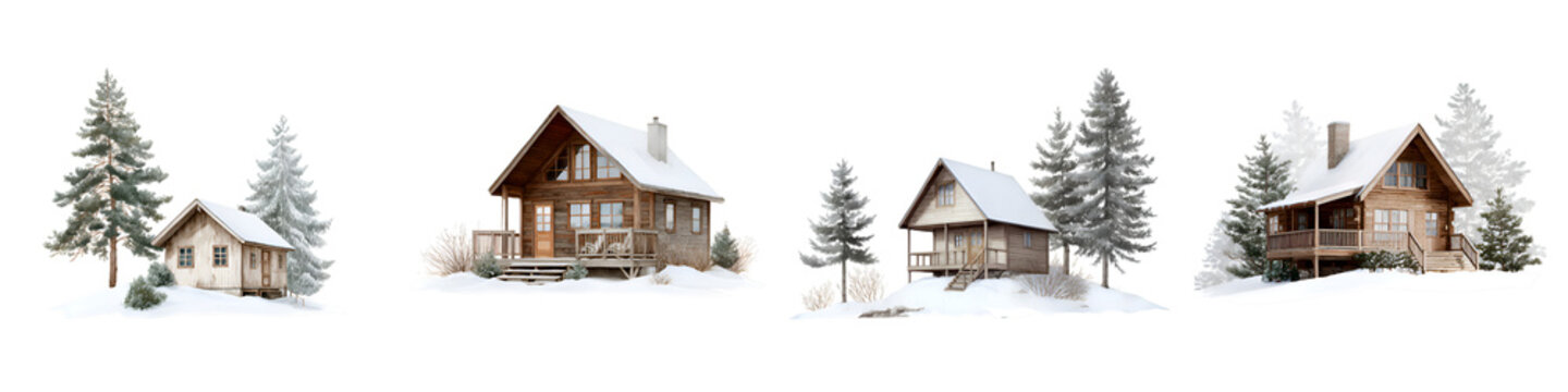 Winter Cabin Collection: Snowy Log Houses in a Forest Scene