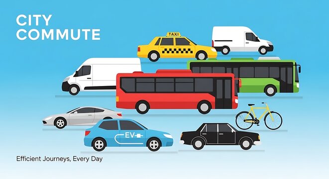 Colorful city commute bus and cars on modern street.