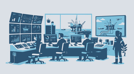 Fototapeta premium Oil rig control room with engineers monitoring offshore platform operations on multiple screens