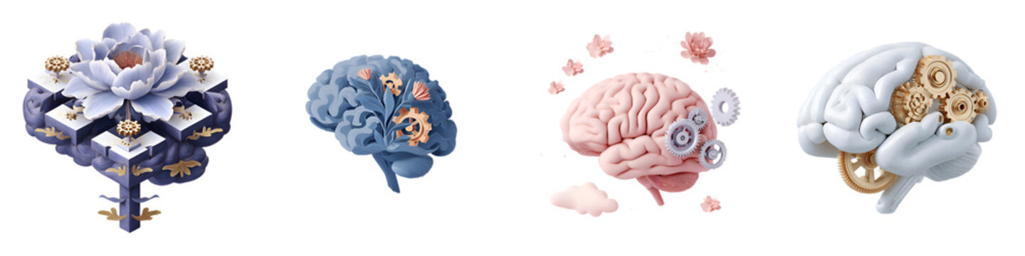 Brain Mechanics: Four Brain Illustrations with Gears and Floral Details