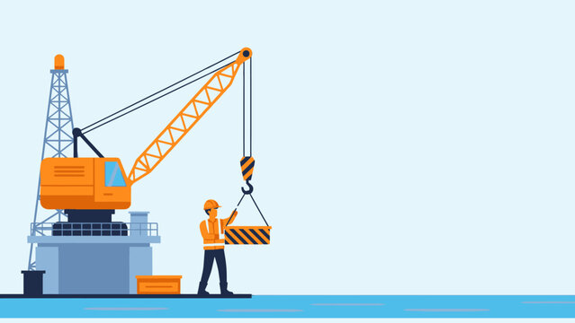 Construction worker operating a large industrial crane lifting a heavy load at a port or shipyard