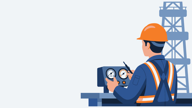 Oil rig worker in hard hat and safety vest operating a control panel with gauges, overseeing drilling operations at an industrial energy site. Flat vector illustration.