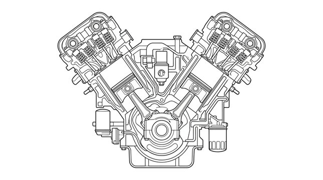 Sleek Black and White Line Drawing of a Cross Sectional View of a V Twin Engine Internal Components