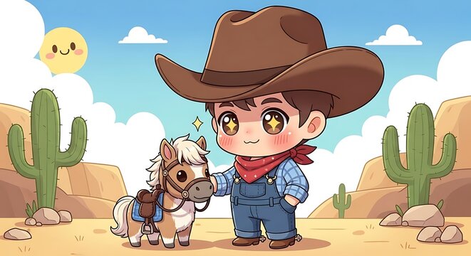 Cartoon boy in cowboy hat with cactus and desert backdrop.