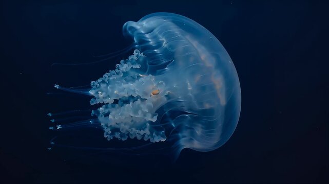 Translucent Jellyfish Drifting Gracefully in Dark Deep Ocean Water