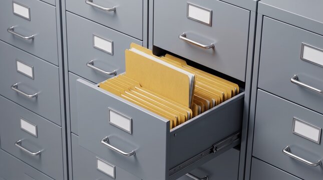 Open Filing Cabinet Drawer with Manila Document Folders for Business Storage