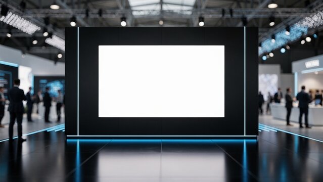 Corporate exhibition stand mockup with digital kiosk and branding backdrop, business expo concept featuring promotional display, multimedia presentation and visitor engagement