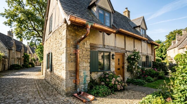 Charming stone cottage with copper gutters and lush garden in daylight