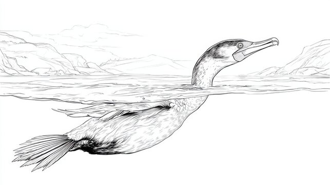 Detailed Black and White Illustration of Underwater Bird Swimming