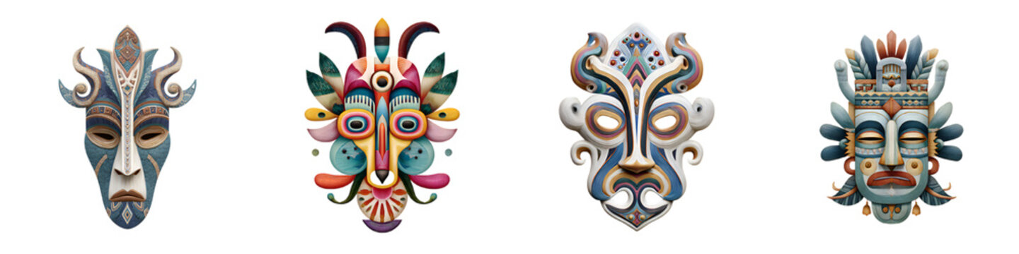 Collection of Four Decorative African Masks, Isolated on White
