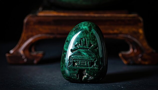 Exquisitely Carved Green Jadeite Gemstone with Intricate Ancient Temple Detail and Deep Lustrous Patina