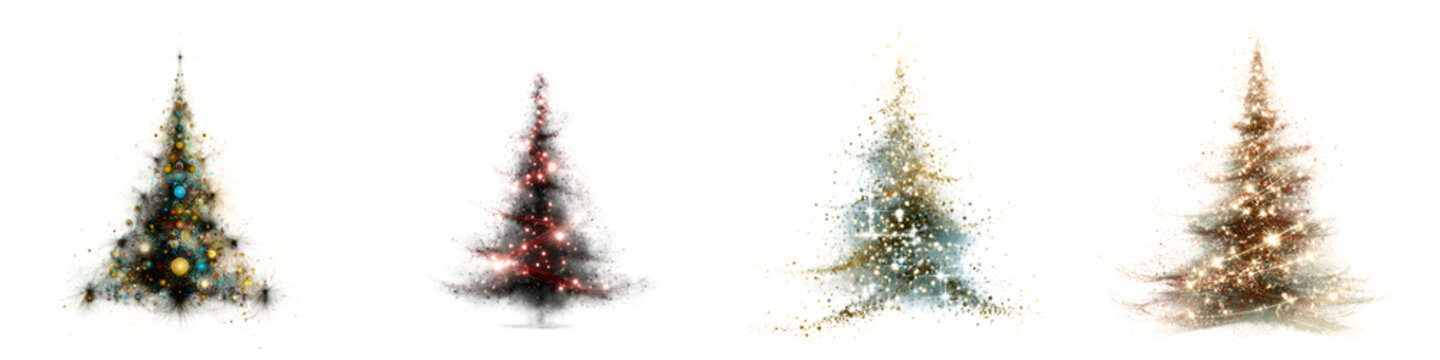 Christmas Tree Collection with Festive Lights, Isolated on White