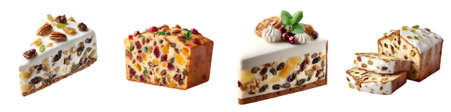 Festive Fruitcake Slices Collection on White Background