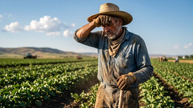 Hardworking farmer wipes sweat from his brow in a sun-drenched field, embodying the dedication and physical demands inherent in agricultural labor and crop cultivation