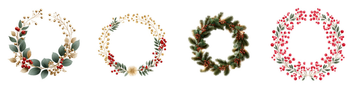 Christmas Wreath Collection with Berries and Greenery, Isolated