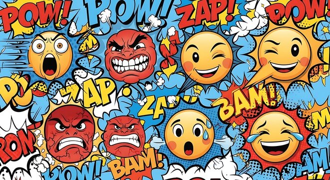 Colorful cartoon faces of diverse people with expressive emotions.
