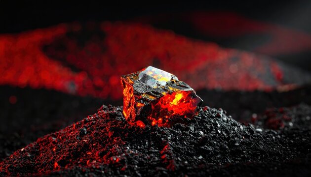 Intense Red and Orange Fire Opal Rough Gemstone Displayed Amidst Dark Minerals