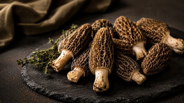 A close-up of morel mushrooms
