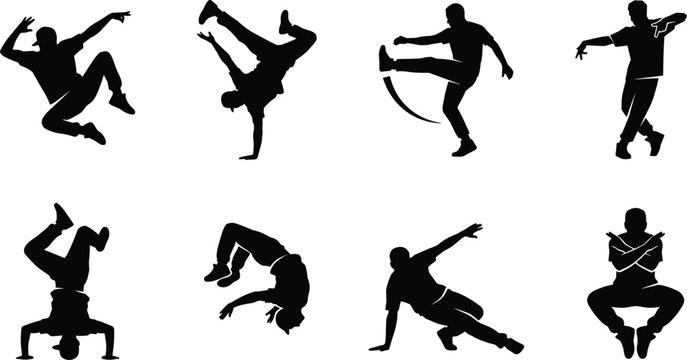 Set of minimalist solid black breakdancer silhouettes performing dynamic hip hop street dance moves and acrobatics