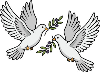 Fototapeta premium Two Flying Doves with Olive Branch, Peace Symbol Cartoon Vector Illustration for Wedding and Greeting Card Design