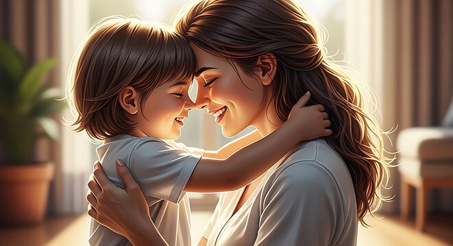 Mother and child sharing a tender moment outdoors.