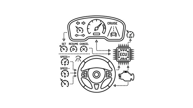 Clean Black and White Diagram of Car Cruise Control System with Steering Wheel and ECU Connections