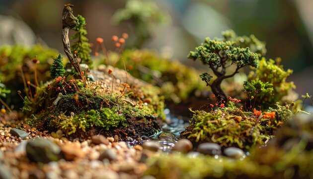 Intricate Miniature Forest Landscape Crafted with Twigs, Moss, and Pebbles
