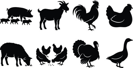 Set of farm animals silhouettes including pig with piglets, goat, rooster, hen, sheep, chickens, turkey, and goose © Sohel