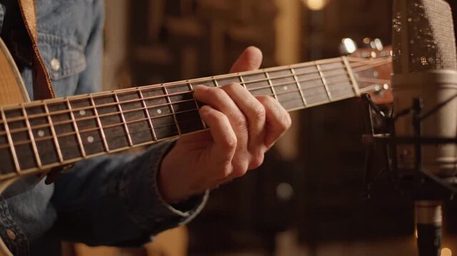 Close-up of Musician Playing Acoustic Guitar in Recording Studio