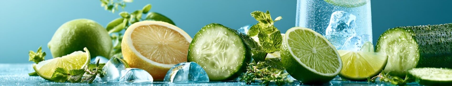Fresh citrus, cucumber and herbs with ice and condensation by a glass bottle on aqua background