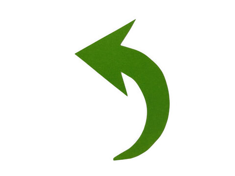 Green curved arrow icon pointing to the left for navigation and design elements isolated on transparent background