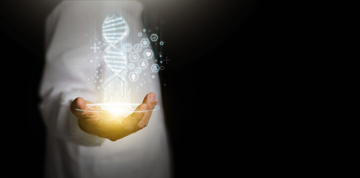 AI and healthcare concept. DNA in doctor hand on dark copy space. Digital medical innovation, genetics, biotechnology, future medicine, advanced health technology transformation, and precision care
