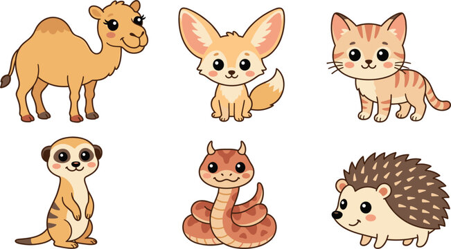 Cute Desert Animals Cartoon Vector Illustration Set Featuring Camel Fennec Fox Meerkat Snake Horned Viper and Hedgehog for Kids Designs