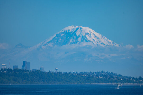 Mount Rainier Over Seattle From Puget Sound on a Sunny Day