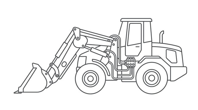 Industrial Black and White Line Drawing of Backhoe Loader Excavator Machinery for Construction Diagrams