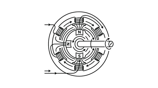 Professional Black and White Diagram of an Electric Motor with Magnetic Field and Current Flow Direction