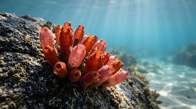 Vibrant red sea squirt colony on underwater coral reef rock