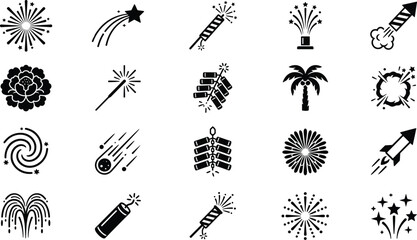 Collection of black vector icon graphics representing various festive celebrations including fireworks rockets sparklers comets and palm trees for holiday and event themes © Kumot Roy