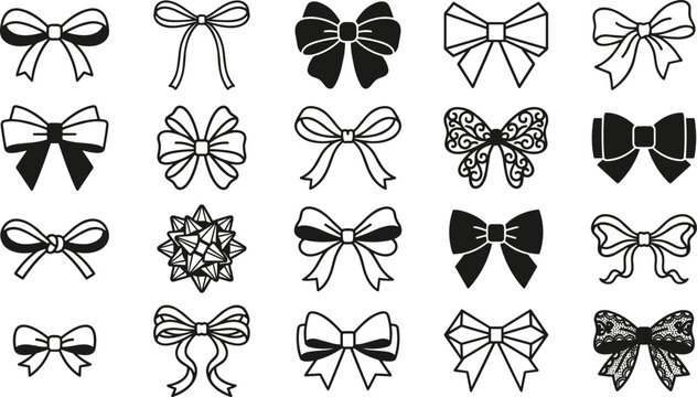 Collection of diverse black and white bow tie illustrations representing various decorative ribbon styles for gifts and design elements